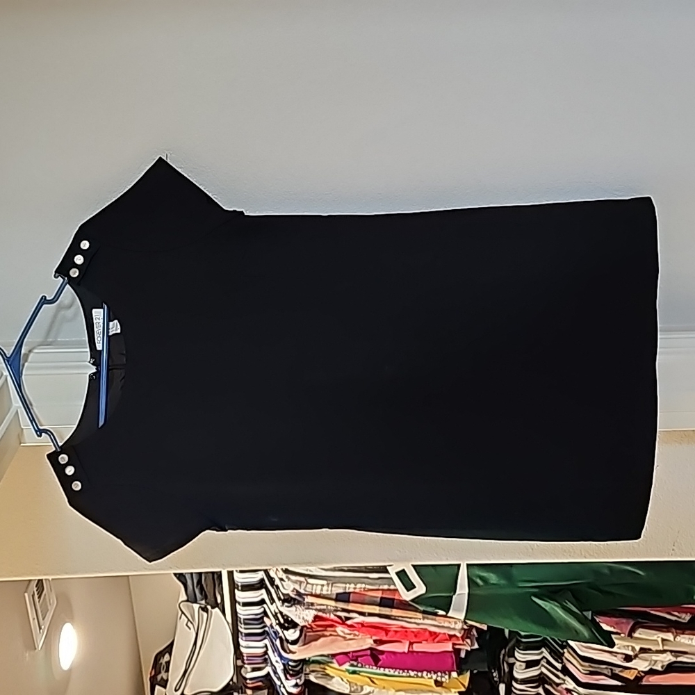 Black shift dress with gold buttons